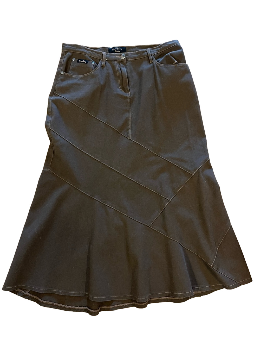 Simon Chang Denim Brown Panel Seam Flared Maxi Skirt Size 12